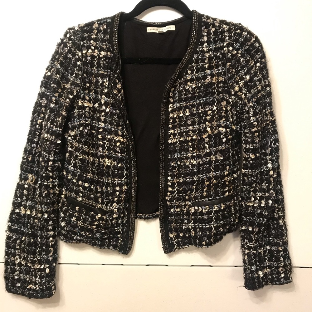 Tweed blazer with leather trim and metallic accent